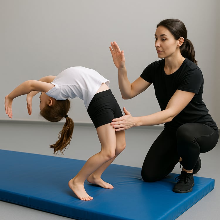 A young athlete practicing tumbling techniques on
