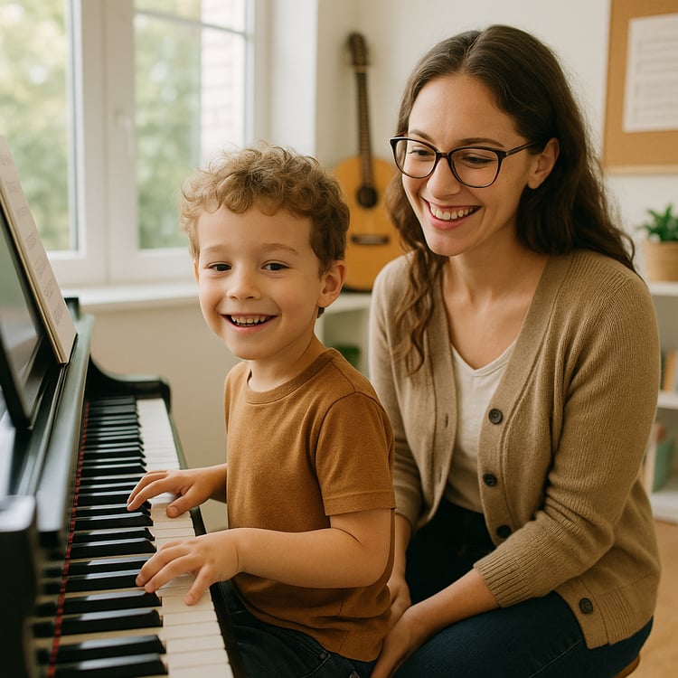 A young child sitting at a piano with an encouragi