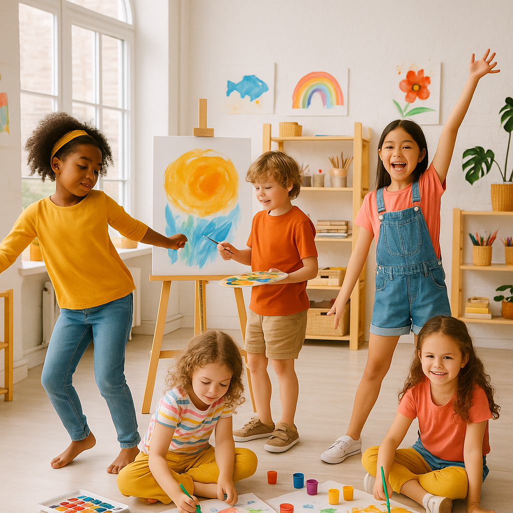 A diverse group of children engaged in vibrant cre