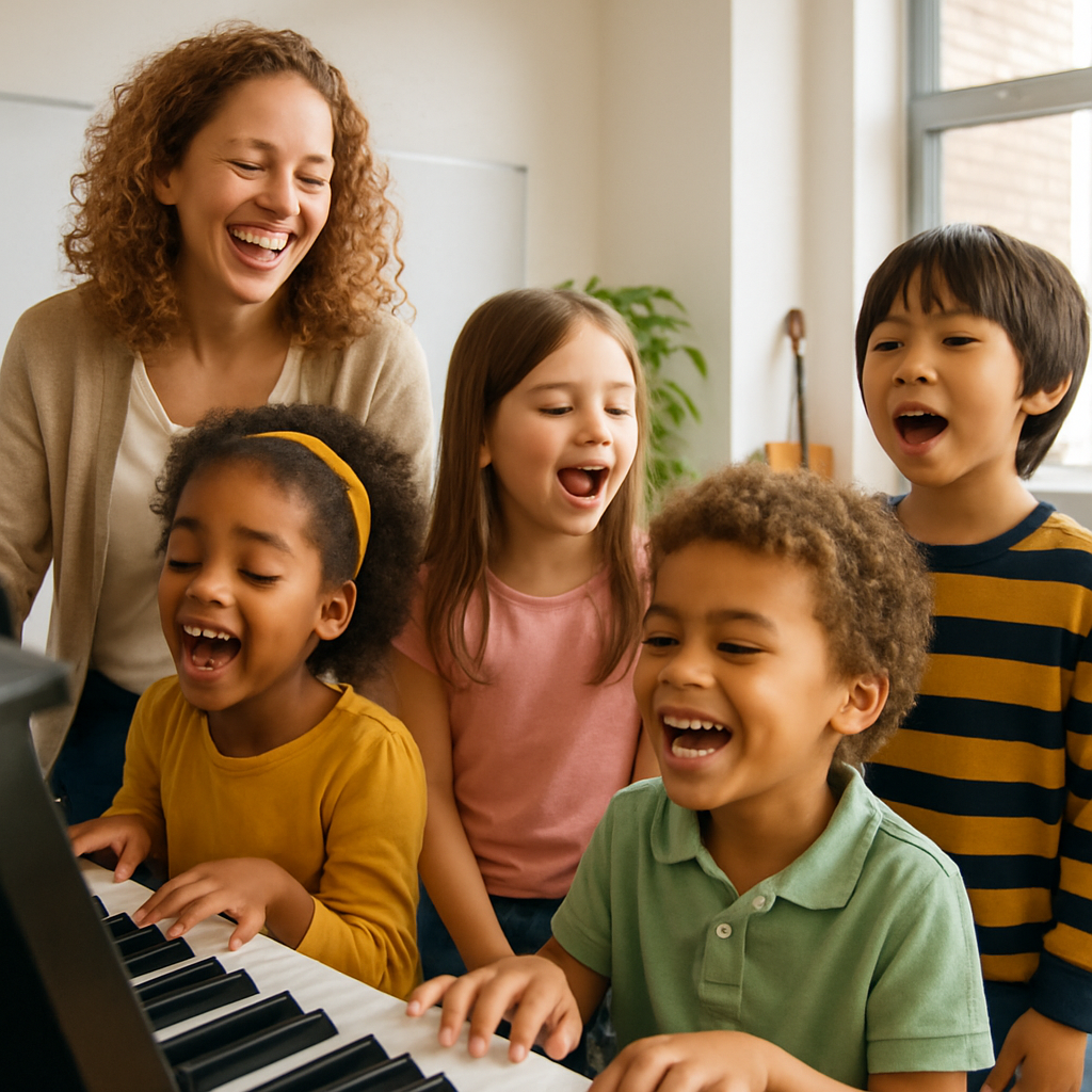 A diverse group of young children playing piano an
