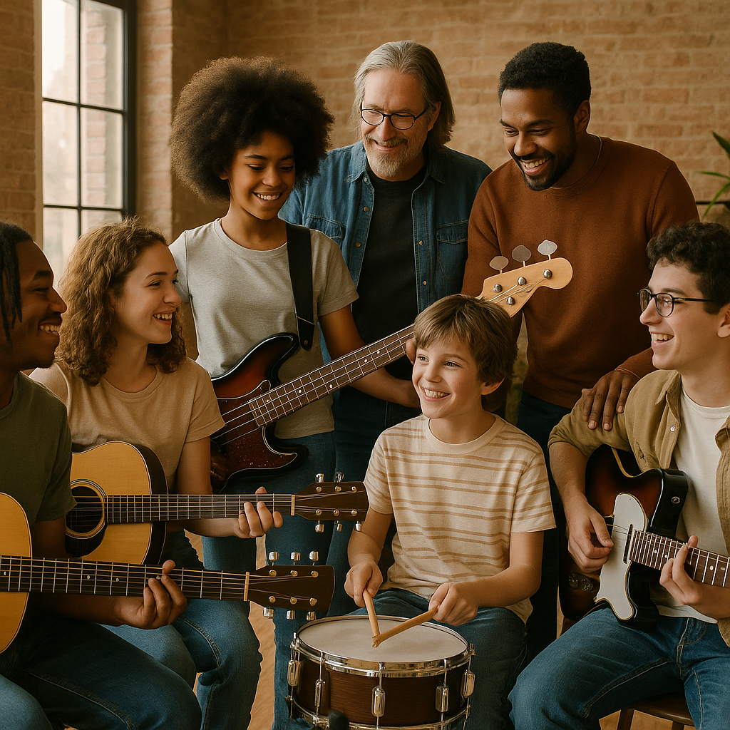A diverse group of young musicians gathered in a w