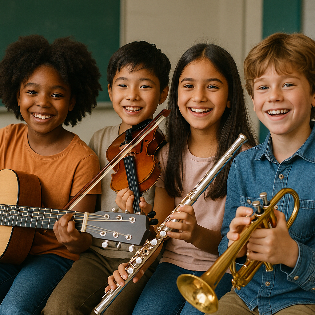 A diverse group of young students engaged in music