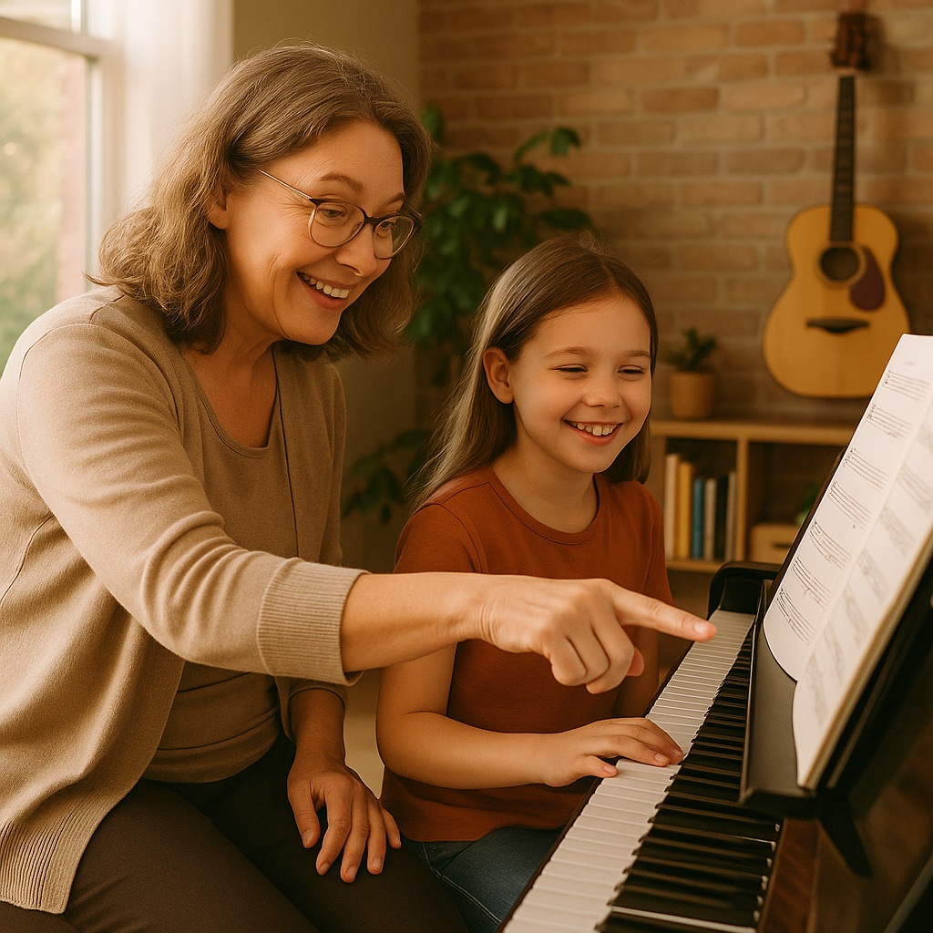 A nurturing piano teacher sitting beside a smiling