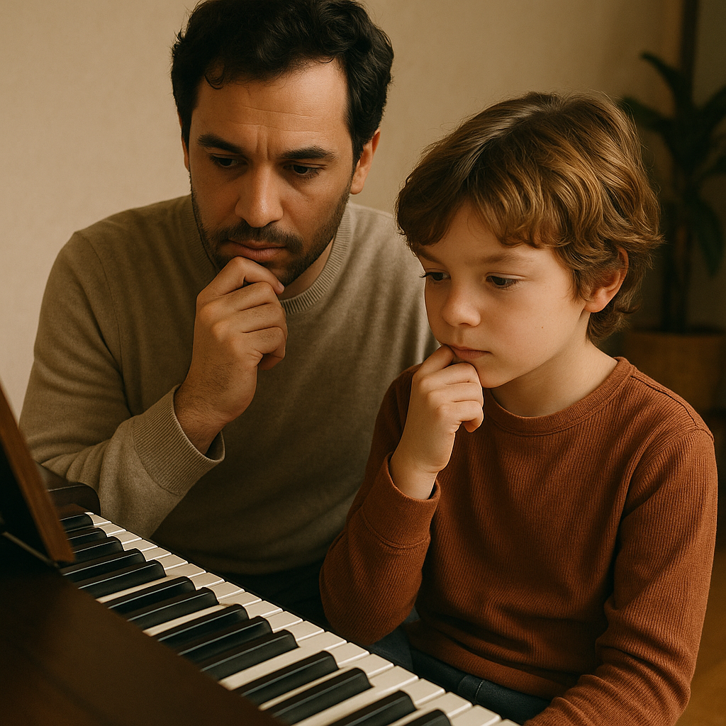 A parent and child looking thoughtfully at a piano