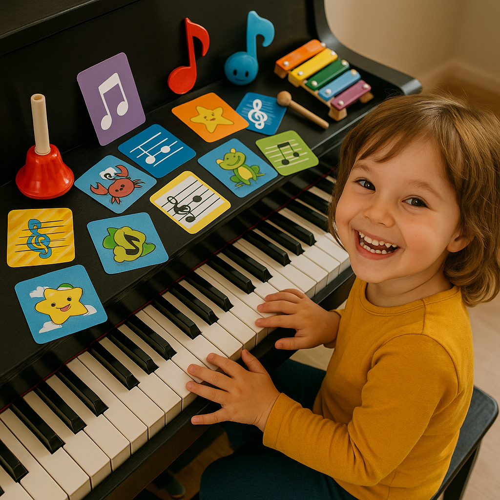 A smiling child enthusiastically playing piano wit