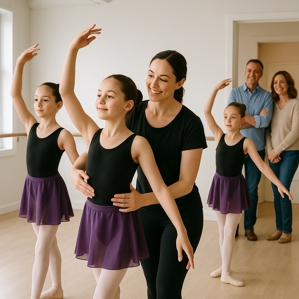 A supportive dance instructor guiding a group of y
