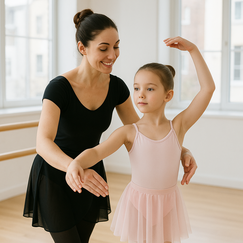 A supportive dance instructor guiding a young stud