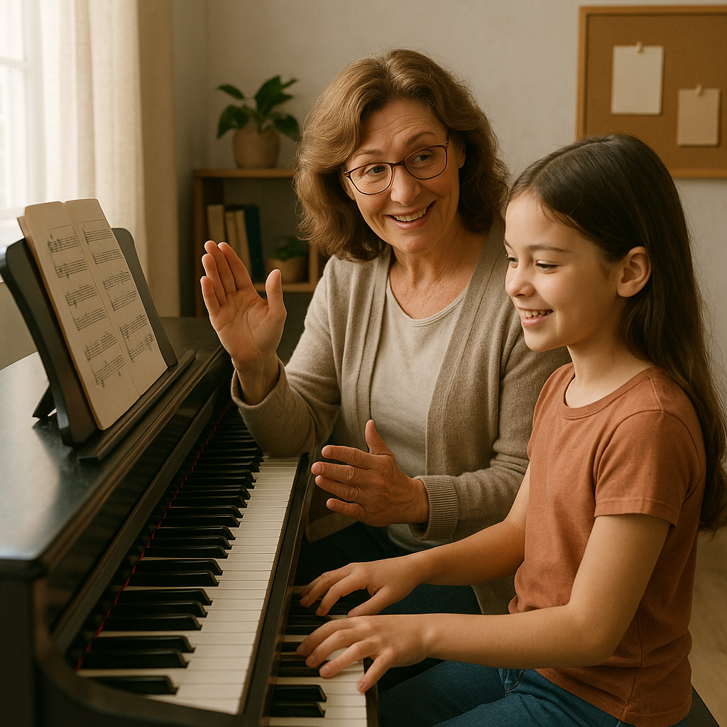 A supportive piano instructor guiding a young stud
