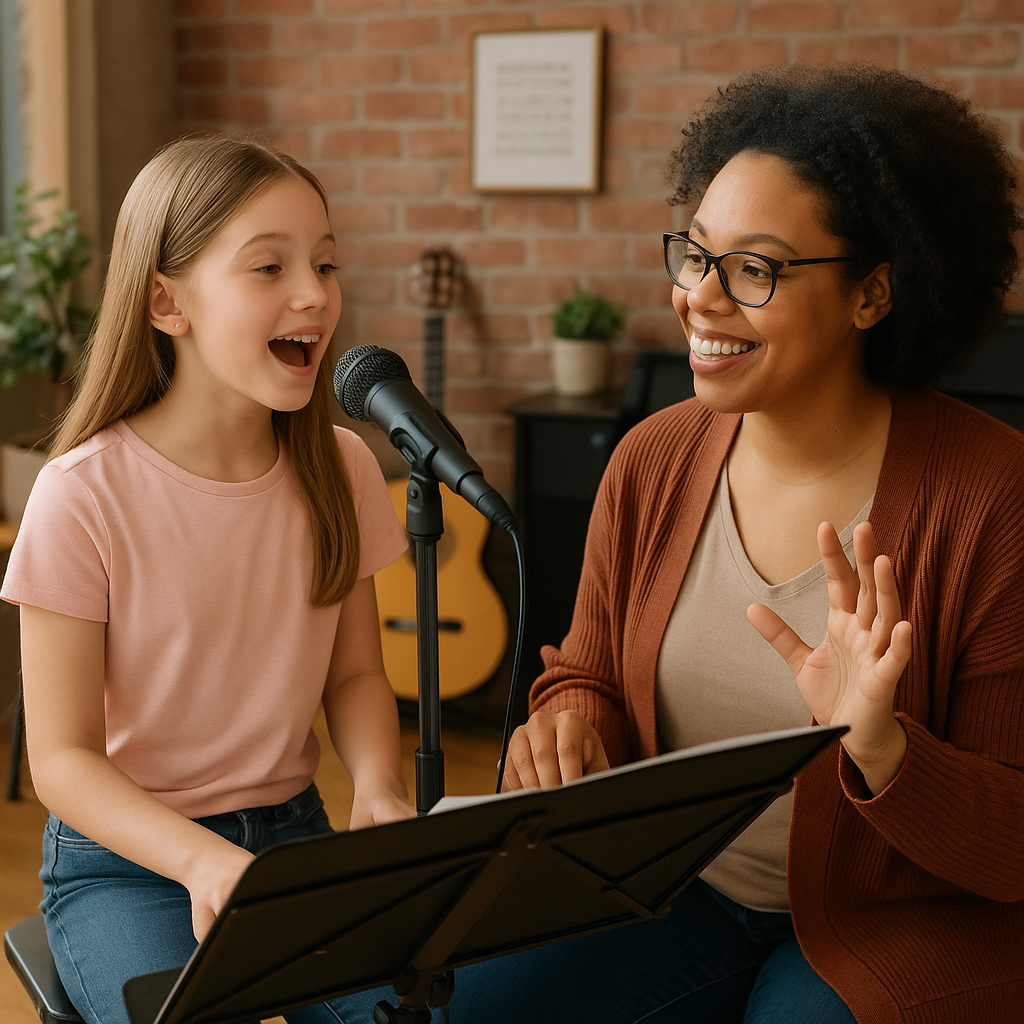 A supportive voice instructor working one-on-one w