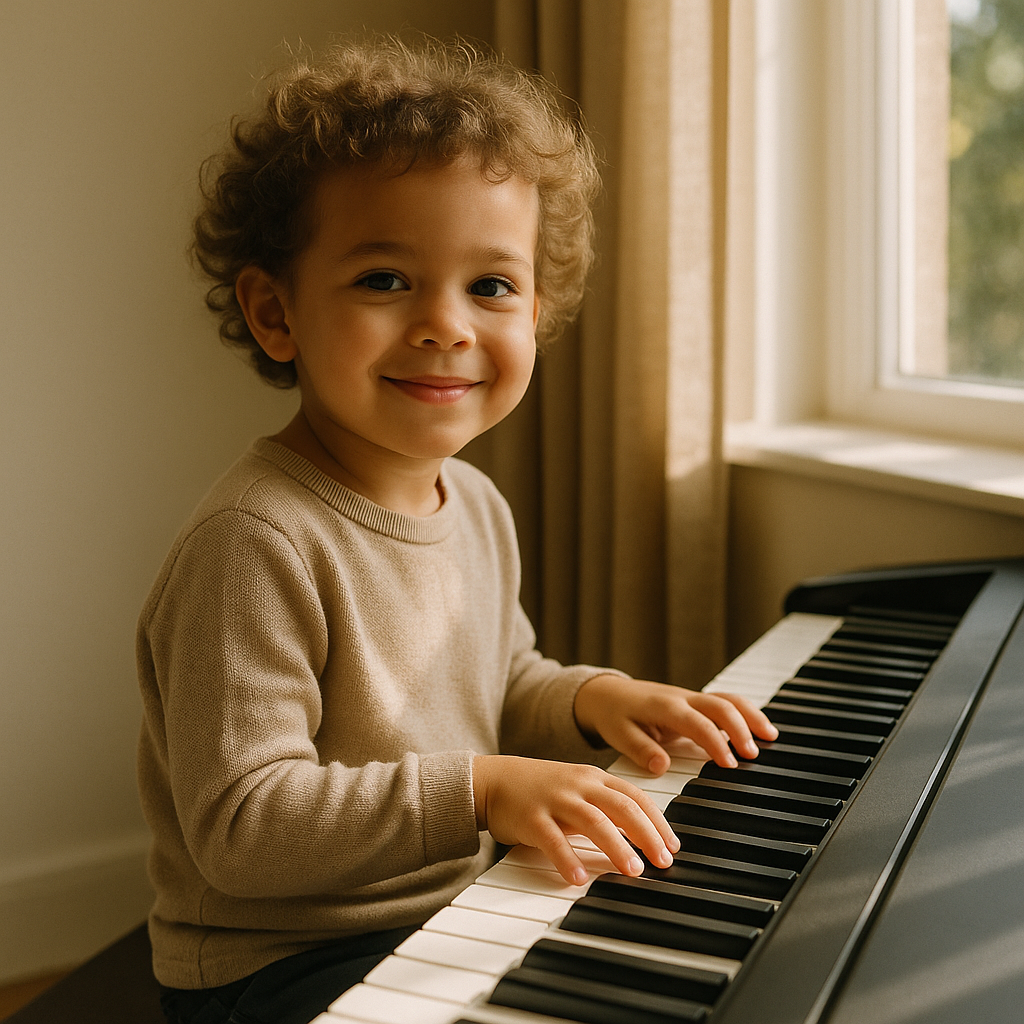 A young child sitting at a piano keyboard with a w