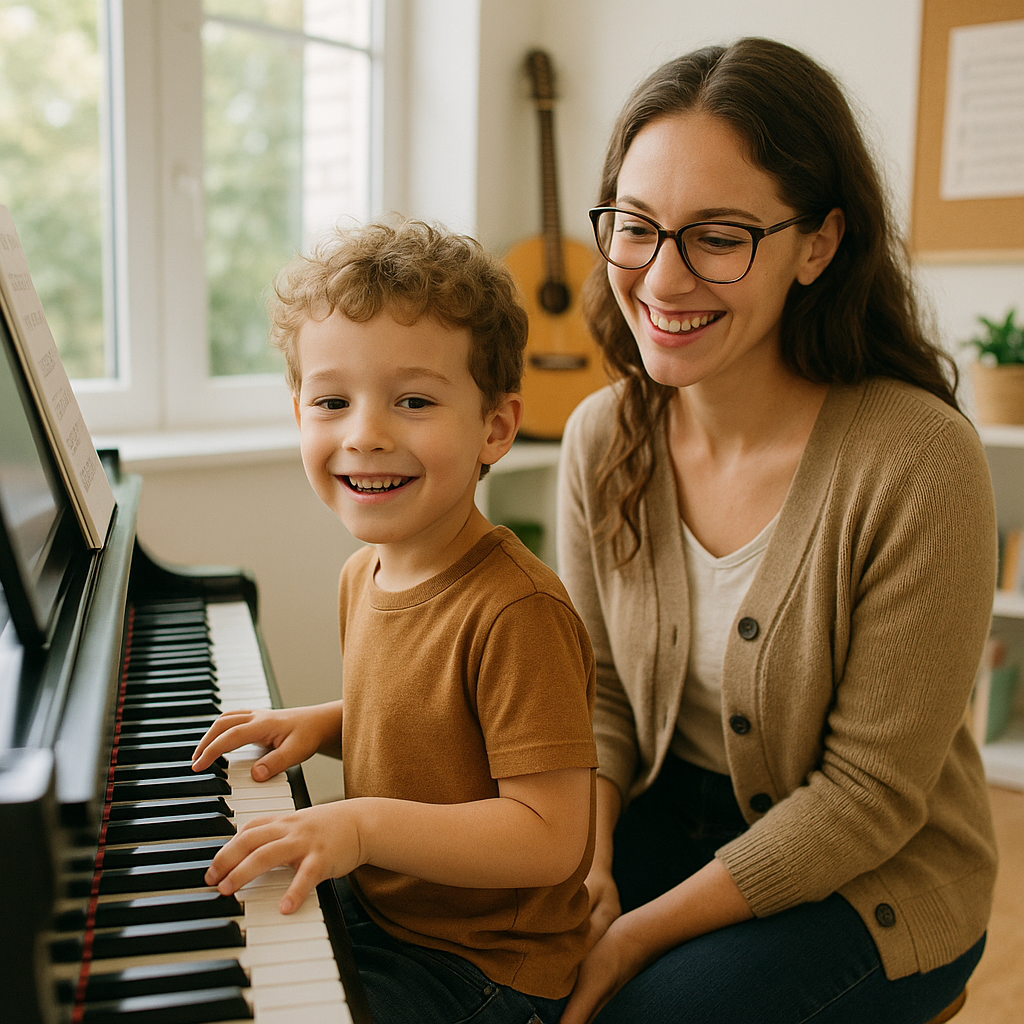 A young child sitting at a piano with an encouragi
