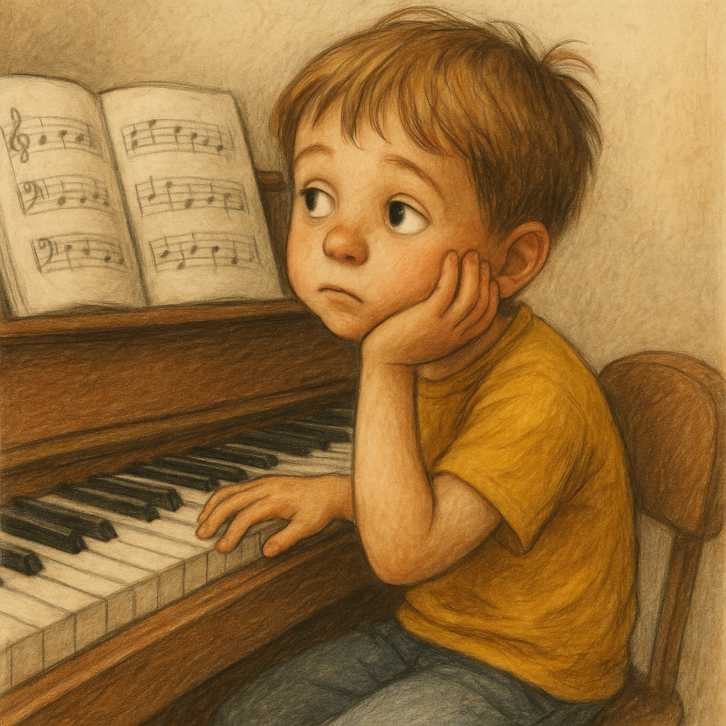 A young child sitting at a piano with their attent