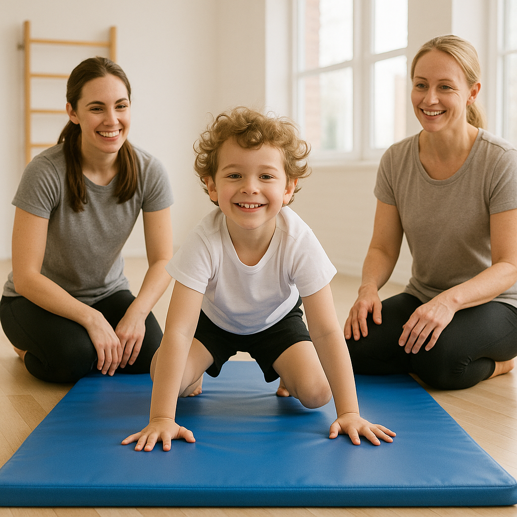 A young child smiling confidently while practicing