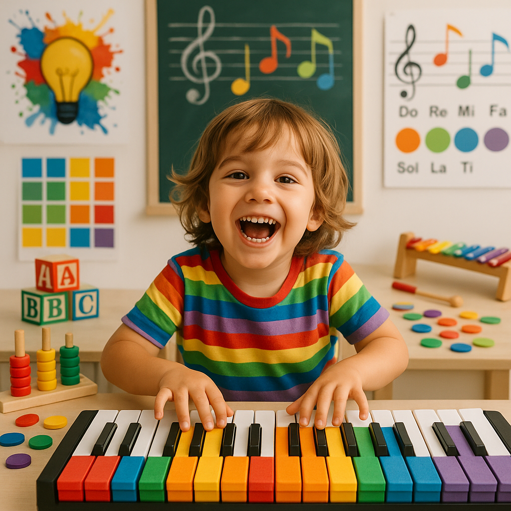 A young child smiling enthusiastically while playi