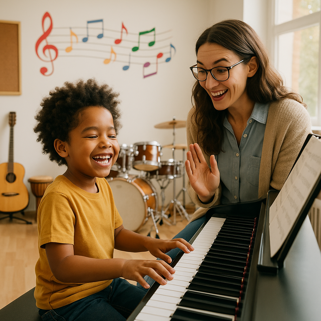 A young child smiling joyfully while learning pian