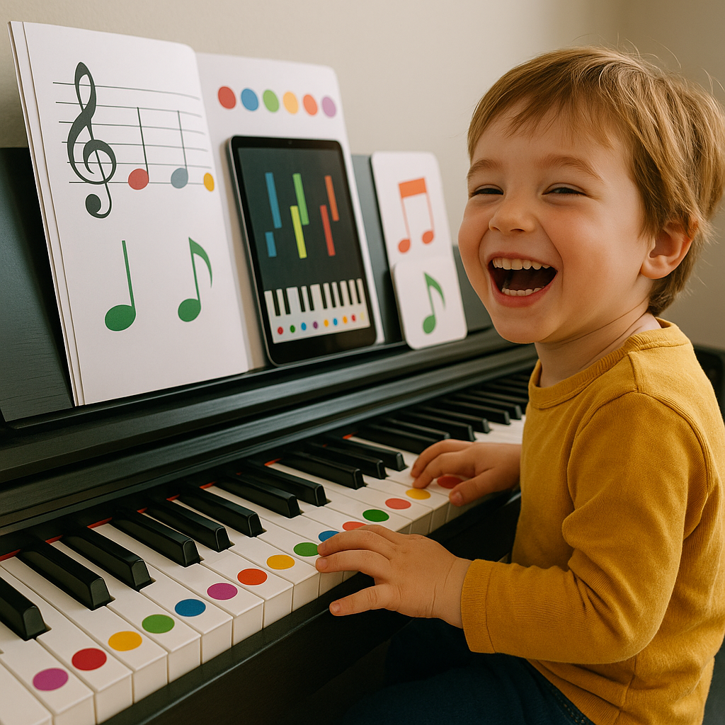 A young child smiling joyfully while playing piano