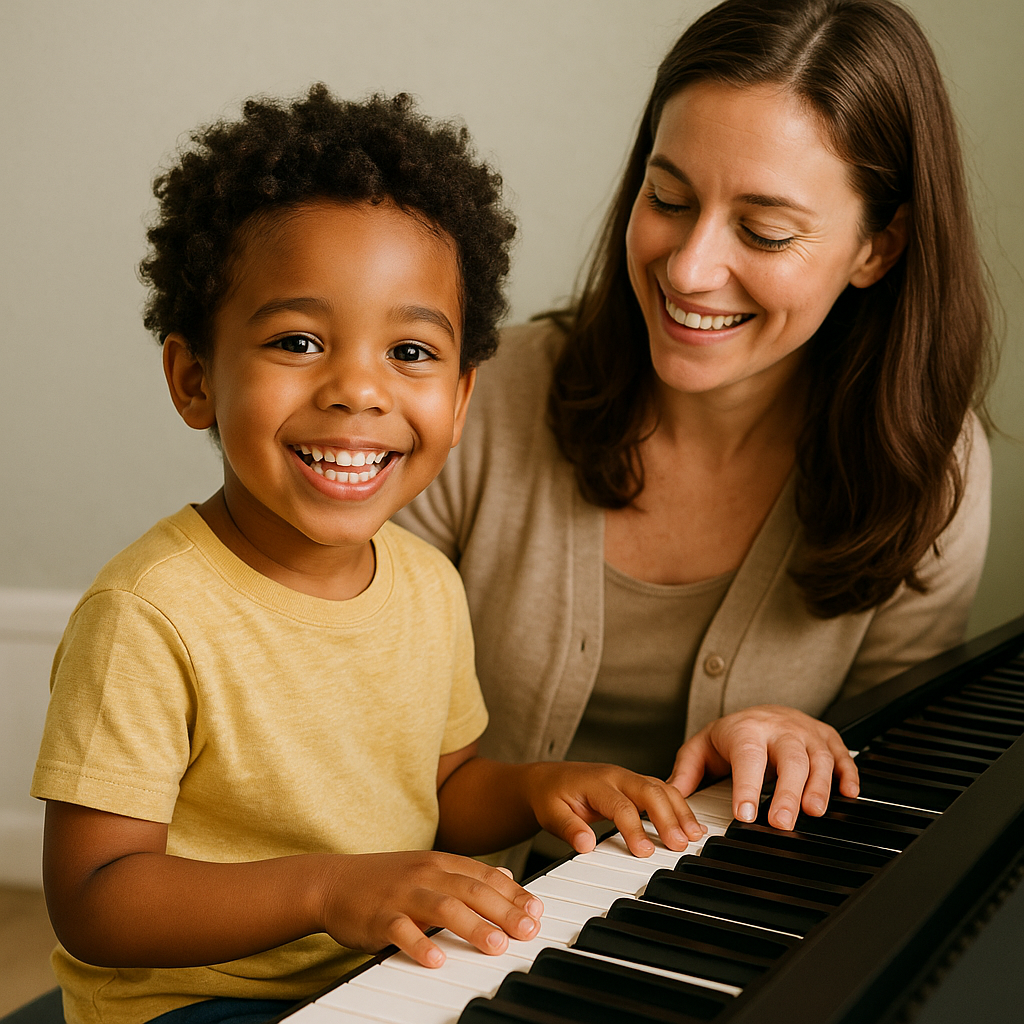 A young child smiling while sitting at a piano key