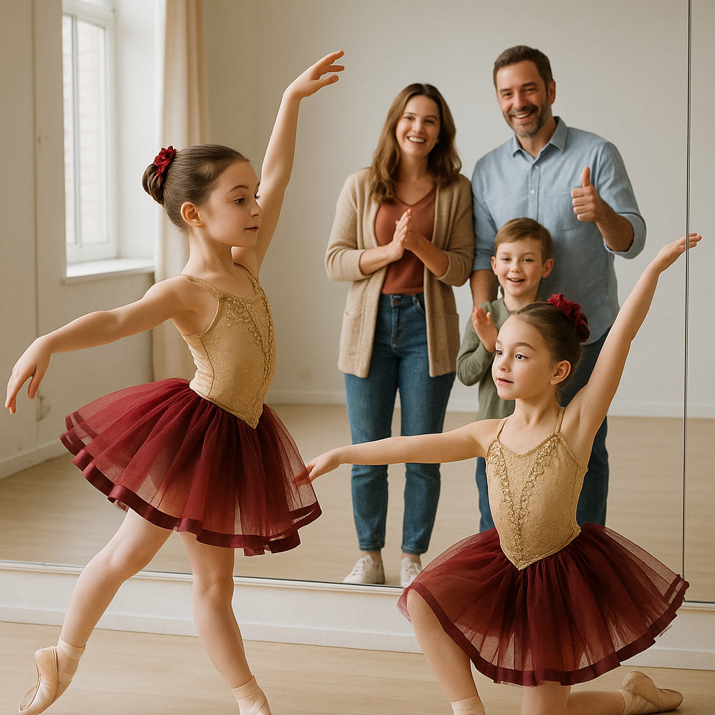 A young dancer in costume practicing gracefully in