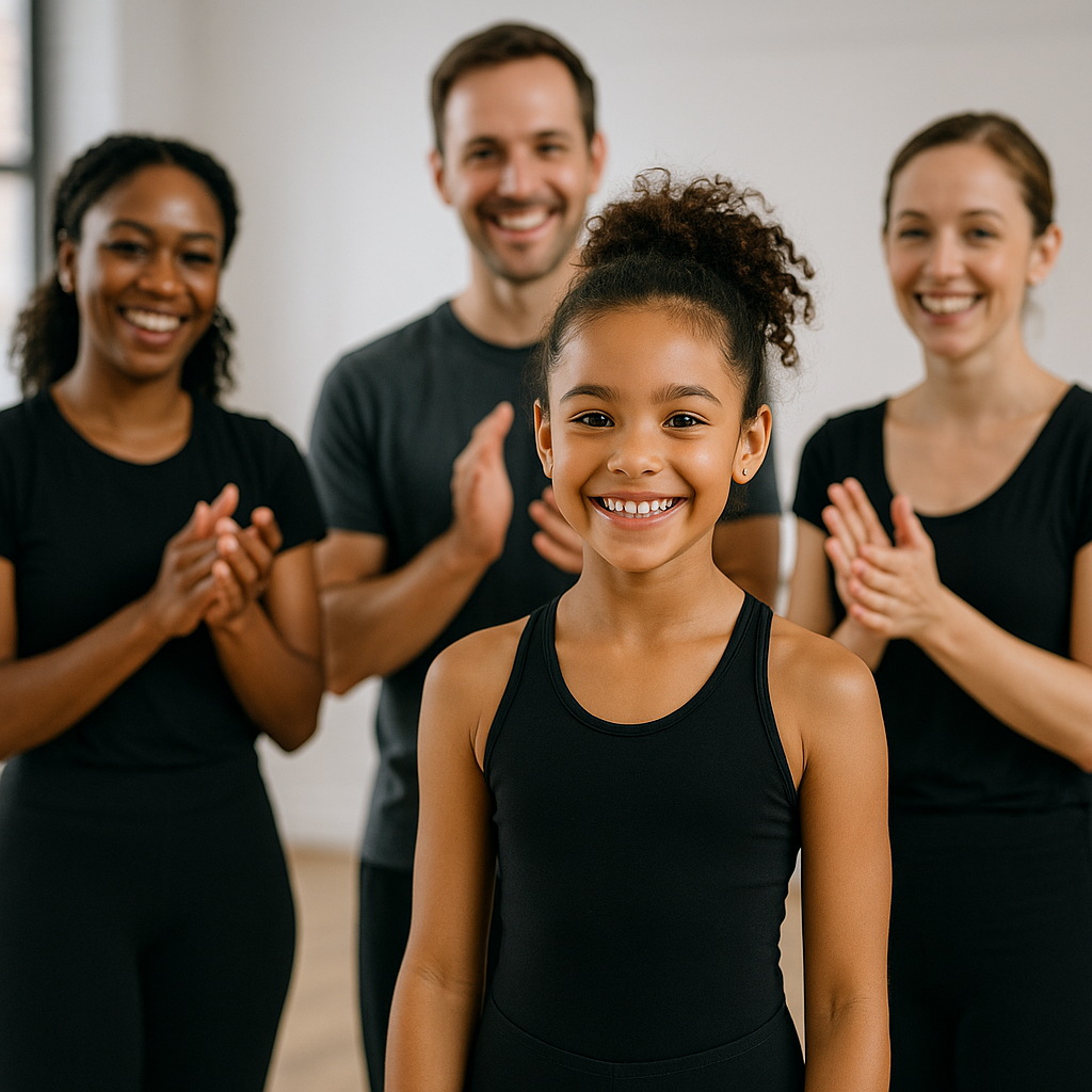A young dancer smiling with confidence during a me