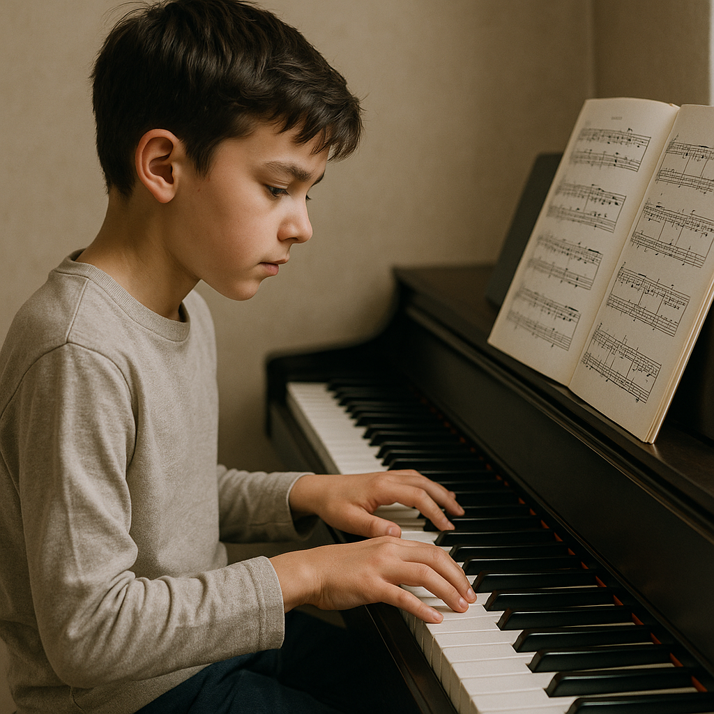 A young student practicing piano with focused conc