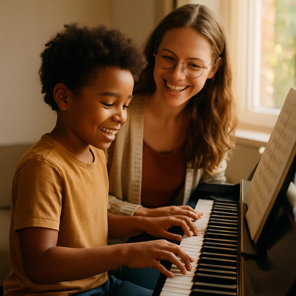 A young student sitting at a piano with a supporti