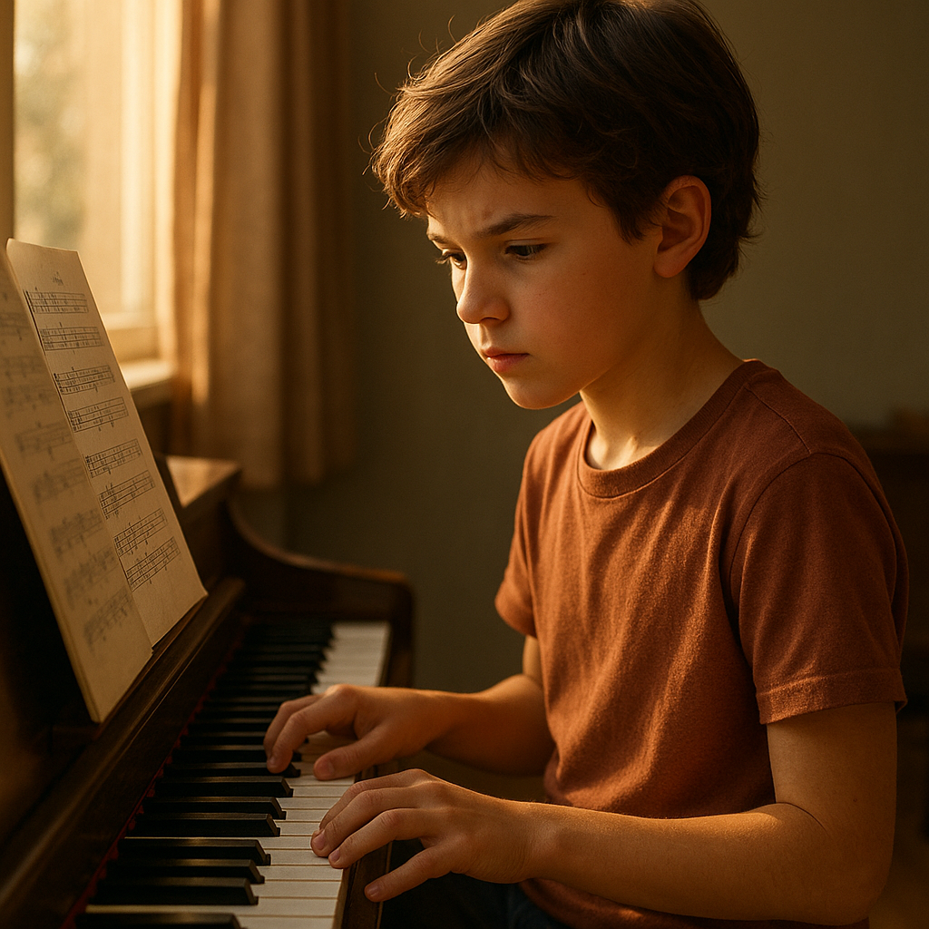 A young student sitting at a piano with focused ex