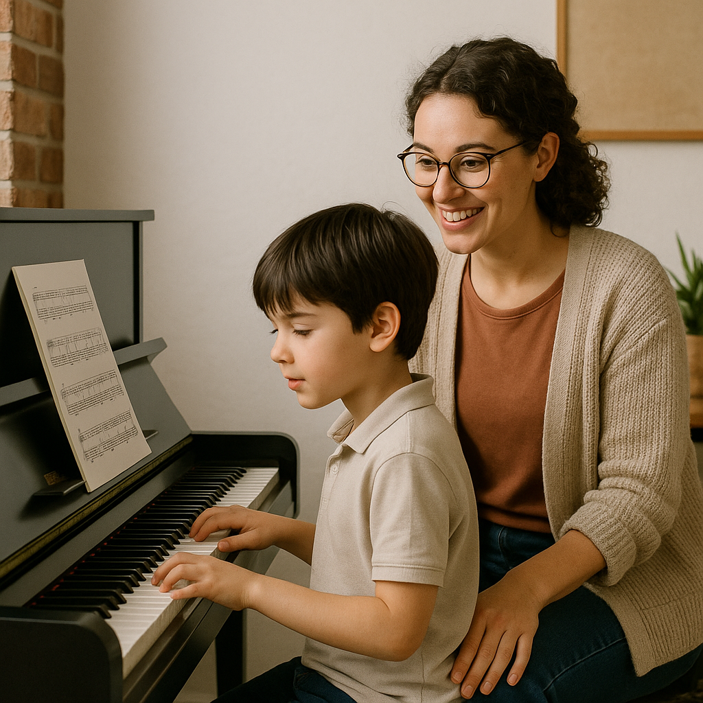 A young student sitting at a piano with supportive