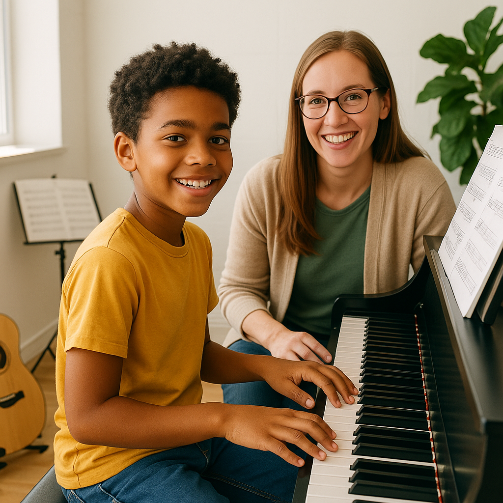 A young student sitting confidently at a piano wit-1