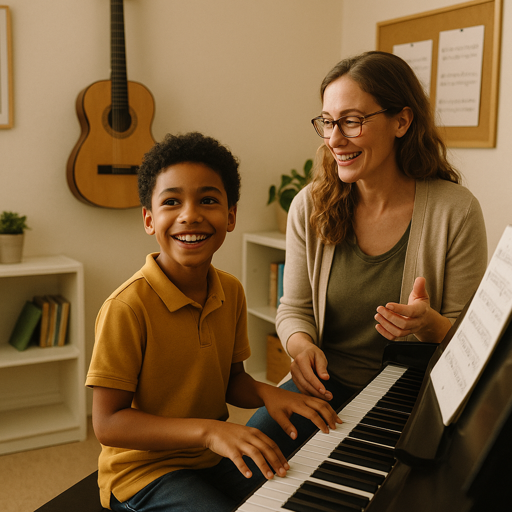 A young student smiling with accomplishment while