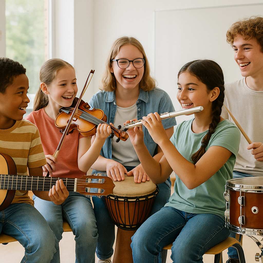 Children and teens engaged in music education acti