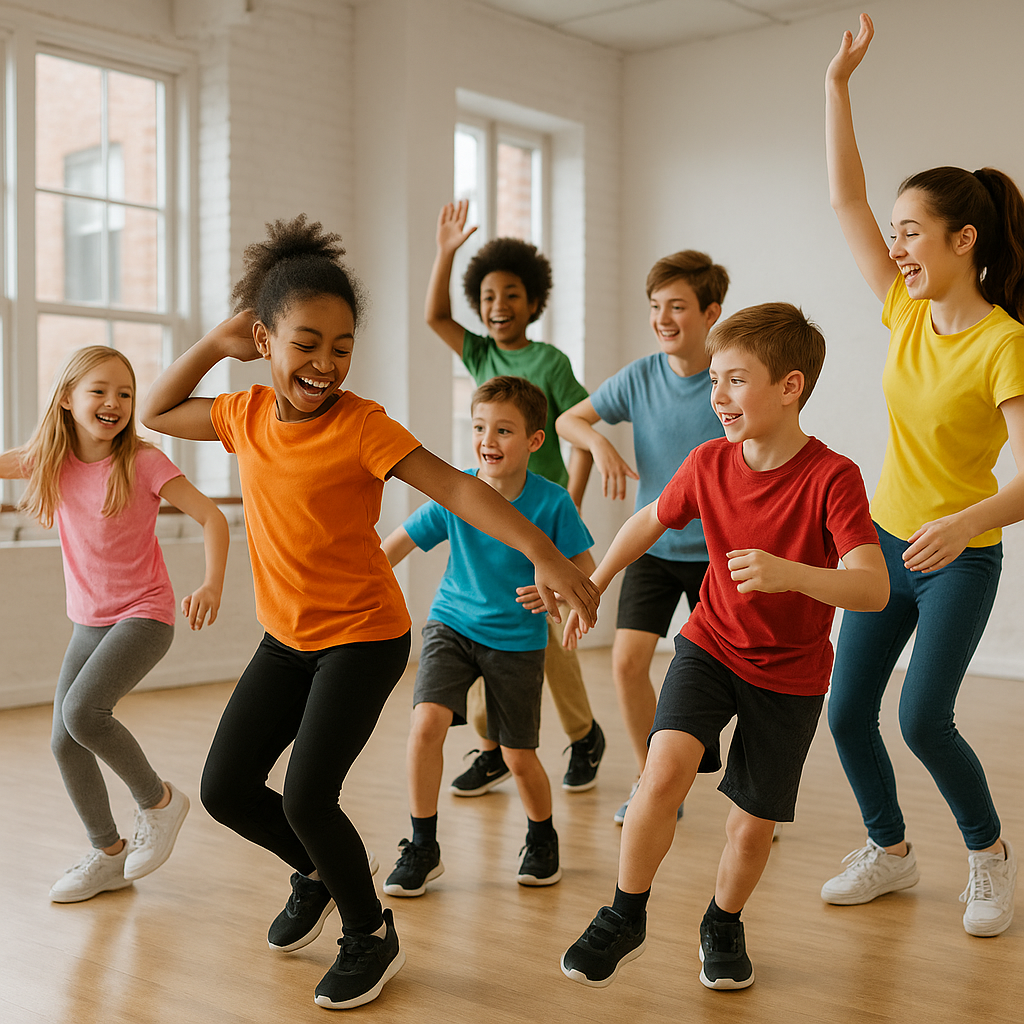 Children and teens of various ages dancing togethe