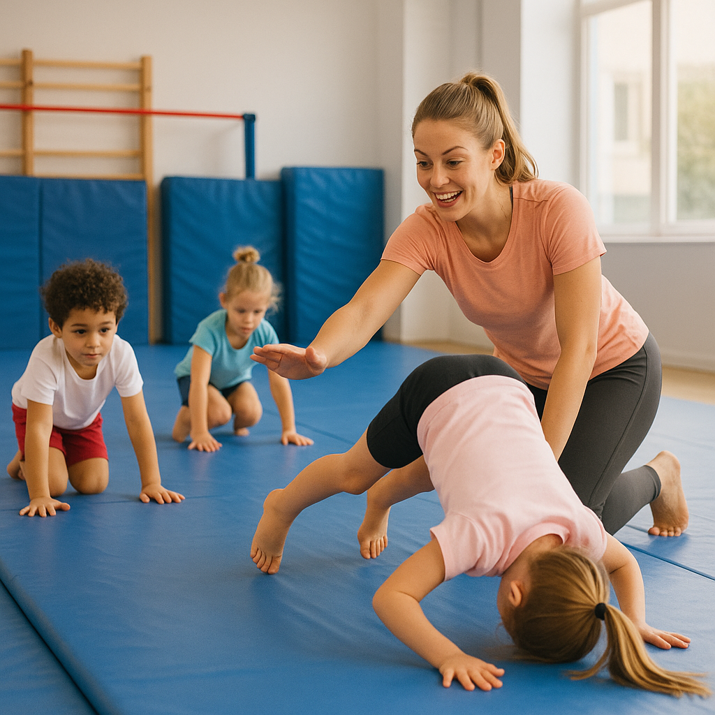 Children practicing tumbling skills on a padded ma