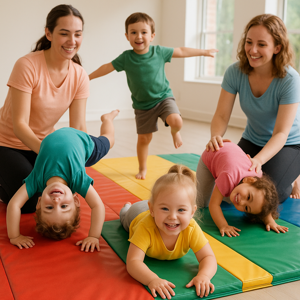 Smiling toddlers practicing basic tumbling movemen