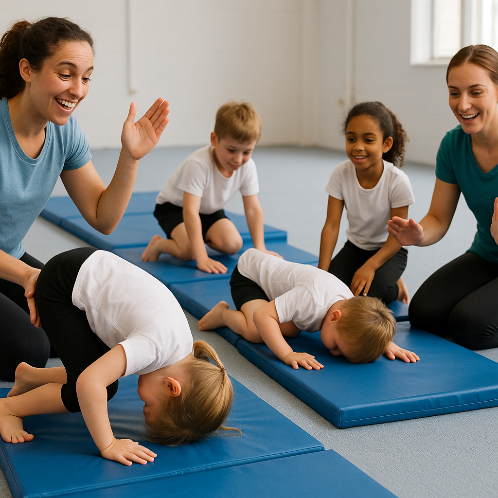 Young children in a supportive tumbling class envi