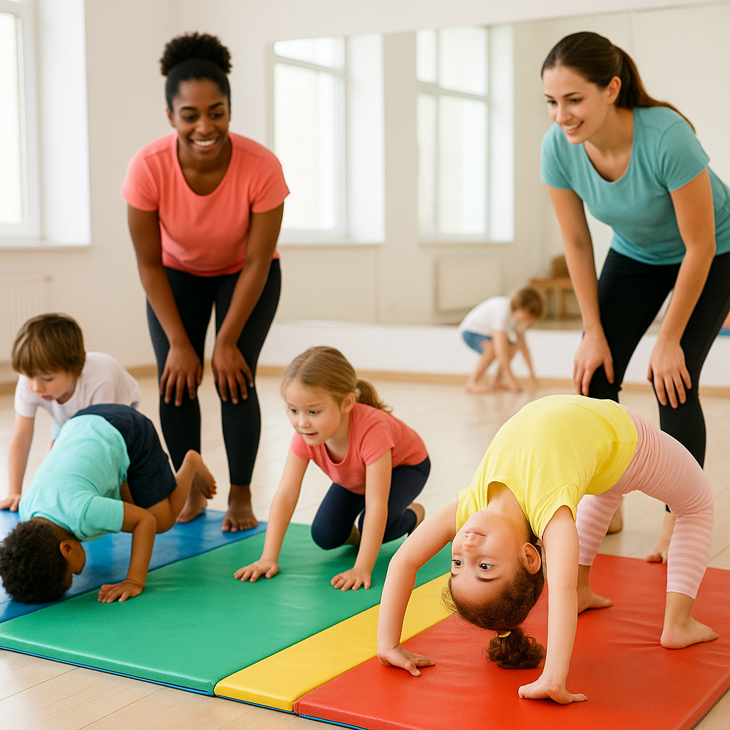 Young children of varying ages practicing tumbling