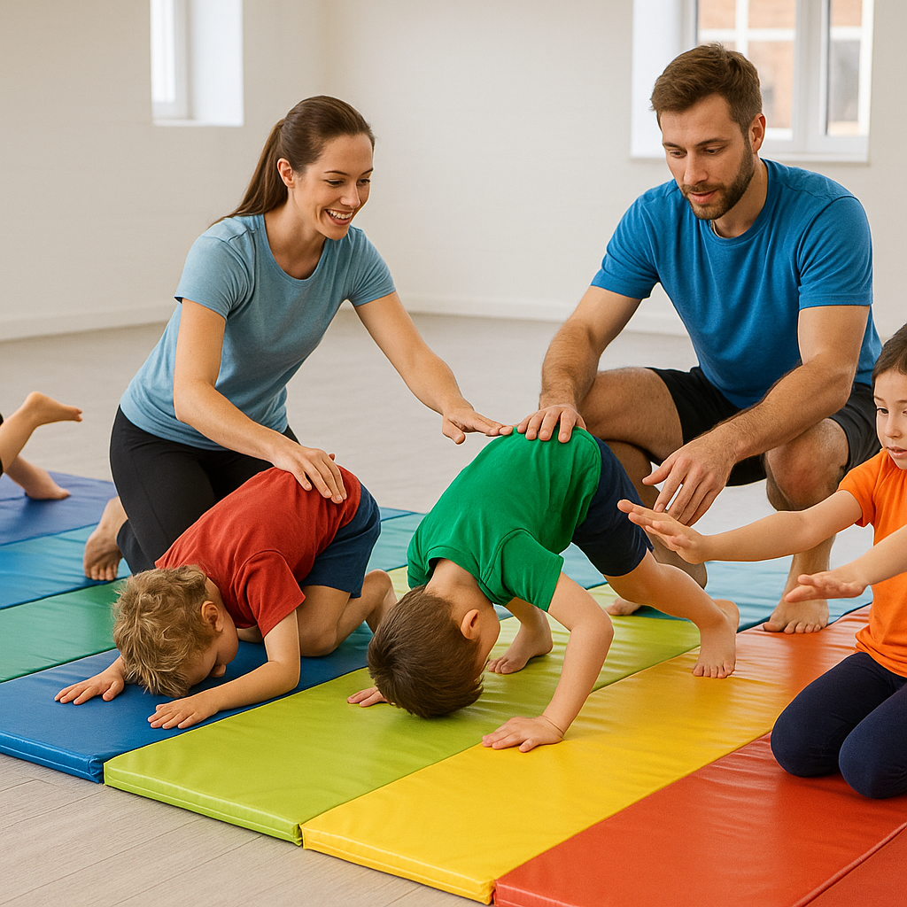Young children practicing tumbling skills on color