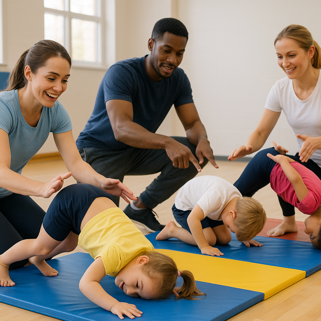 Young children practicing tumbling skills on padde