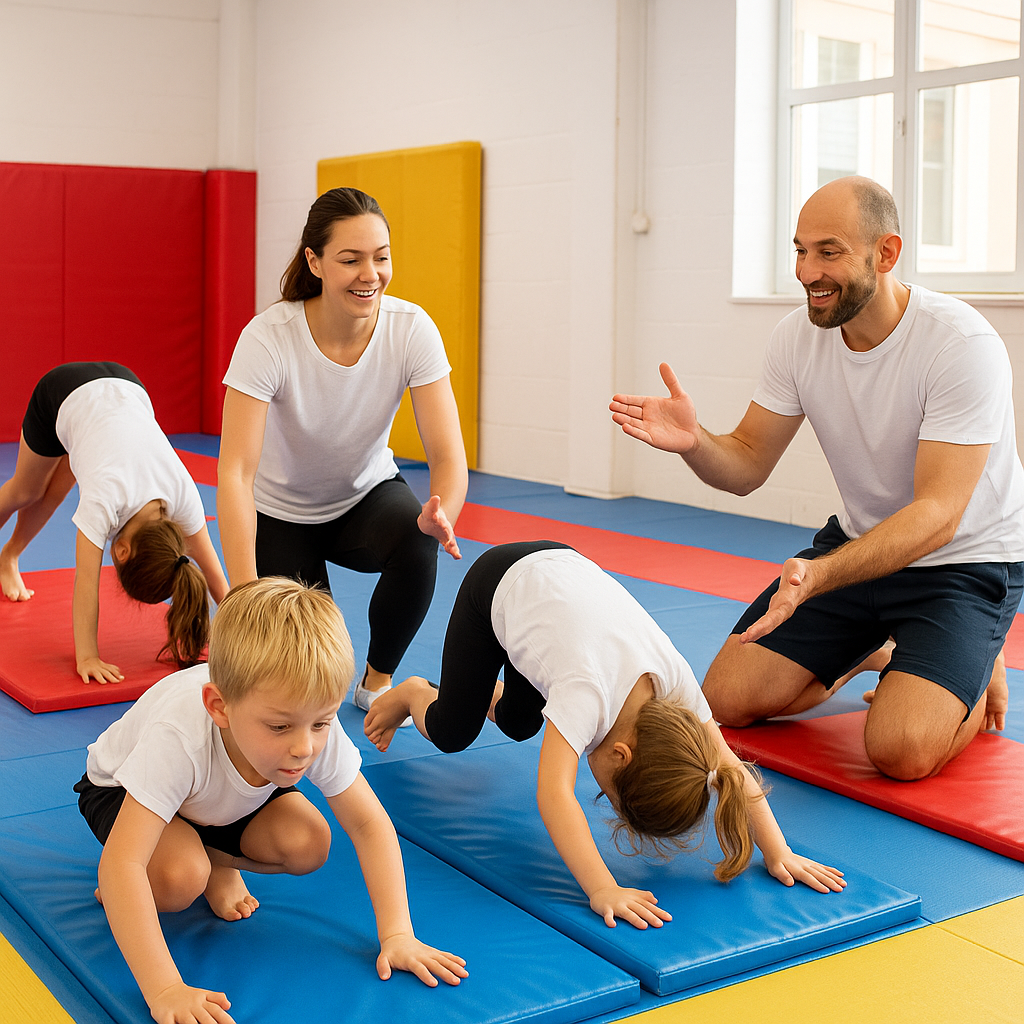 Young children practicing tumbling skills on profe