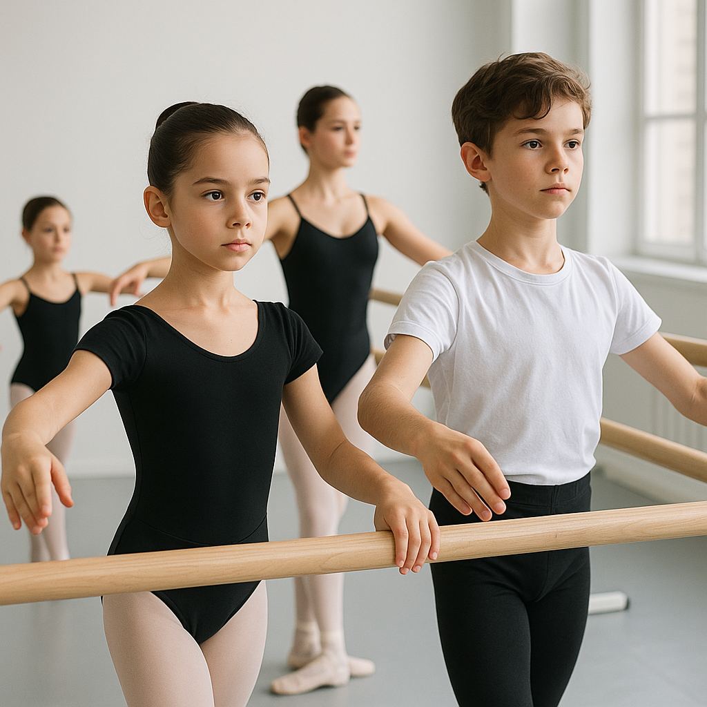 Young dancers at the barre in a bright studio, dem