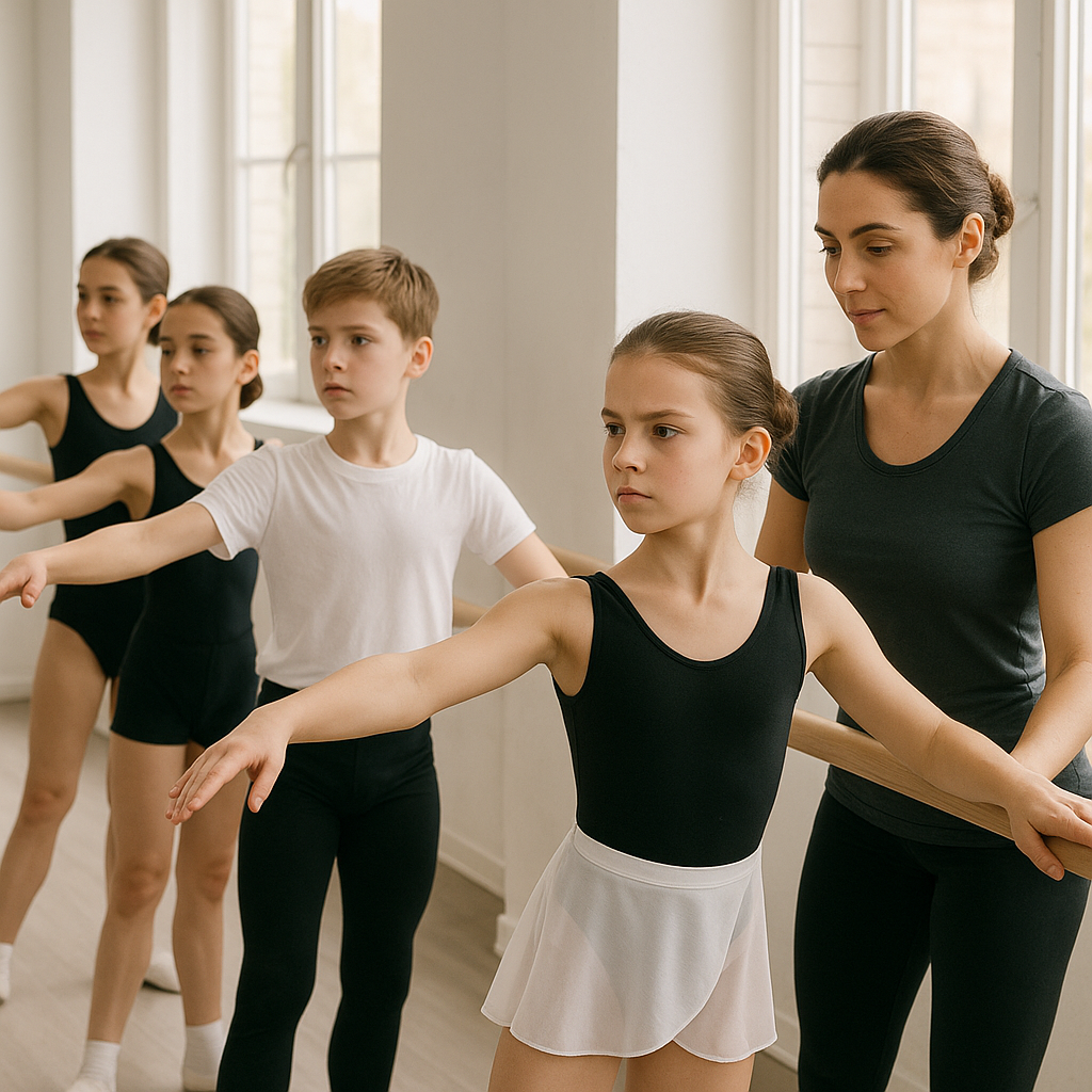 Young dancers in a bright studio practicing their