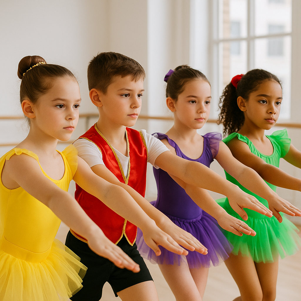 Young dancers in colorful costumes practicing chor