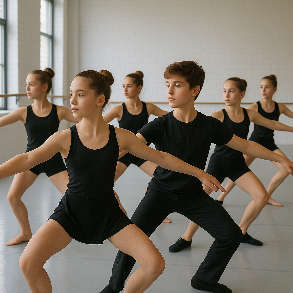 Young dancers in formation practicing choreography