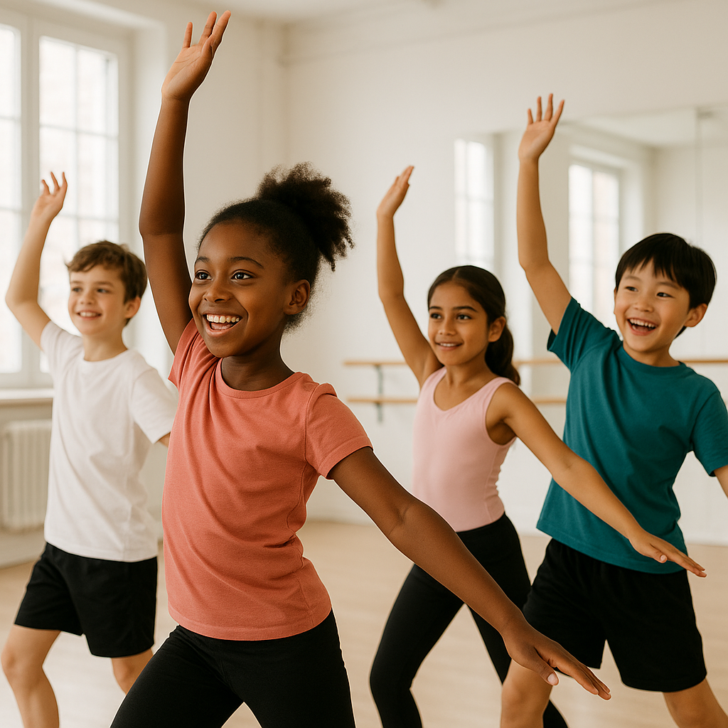 Young dancers of diverse backgrounds practicing mo