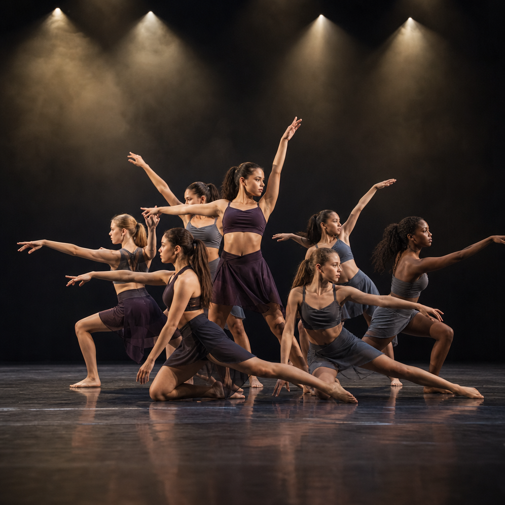 Young Dancers in Formation Under Bright Spotlights