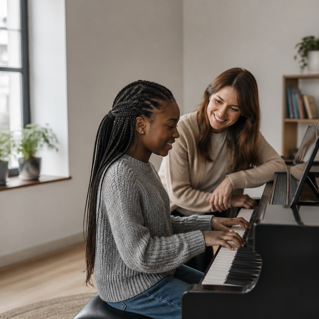 Young Student Piano Lesson with Supportive Instructor